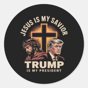 Sticker Rond Jésus est mon sauveur Trump est mon président Reli