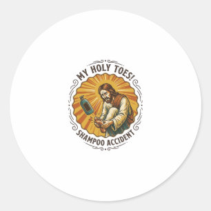 Sticker Rond Jésus laissant tomber une bouteille de shampoing s