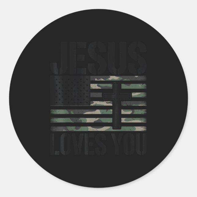 Sticker Rond Jesus Loves You Camo Christian 4th July Men Women  (Devant)