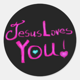 Sticker Rond Jesus Loves You Pink and Black with Heart
