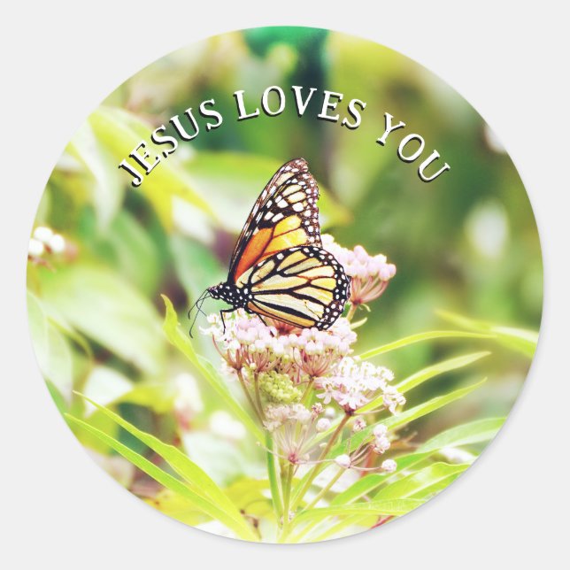 Sticker Rond Jesus Loves You Pretty Butterfly Christian Floral (Devant)