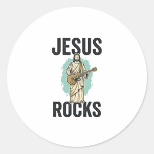 Sticker Rond Jésus Rocks Guitare Gravure Chrétienne Vintage Des
