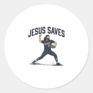 Sticker Rond Jésus Sauve Lanceur de Baseball Vintage Gravure Sh