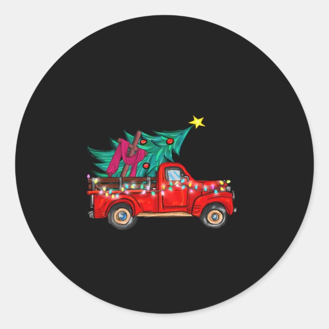 Sticker Rond Jesus Take The Wheel Red Truck Christmas Tree Chri (Devant)