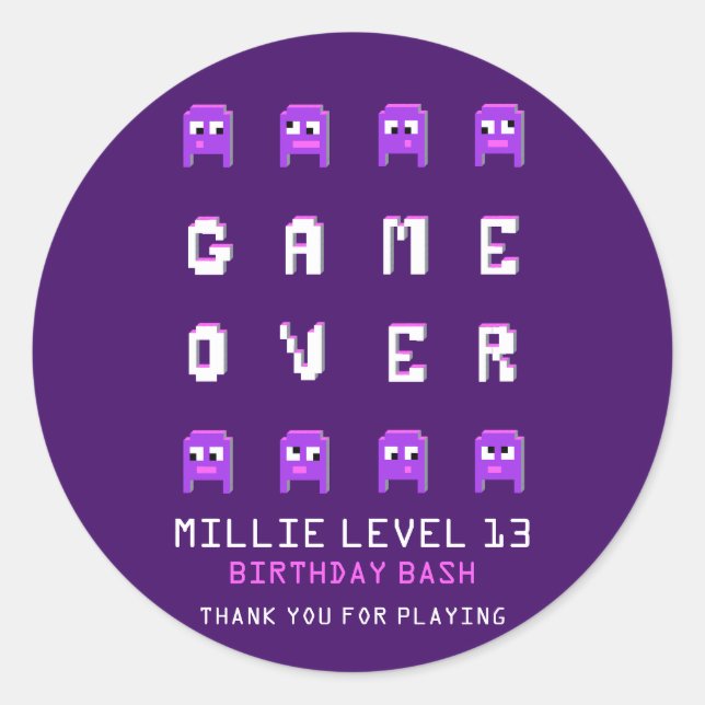 Sticker Rond Jeu sur monstre violet fête d'anniversaire merci (Devant)