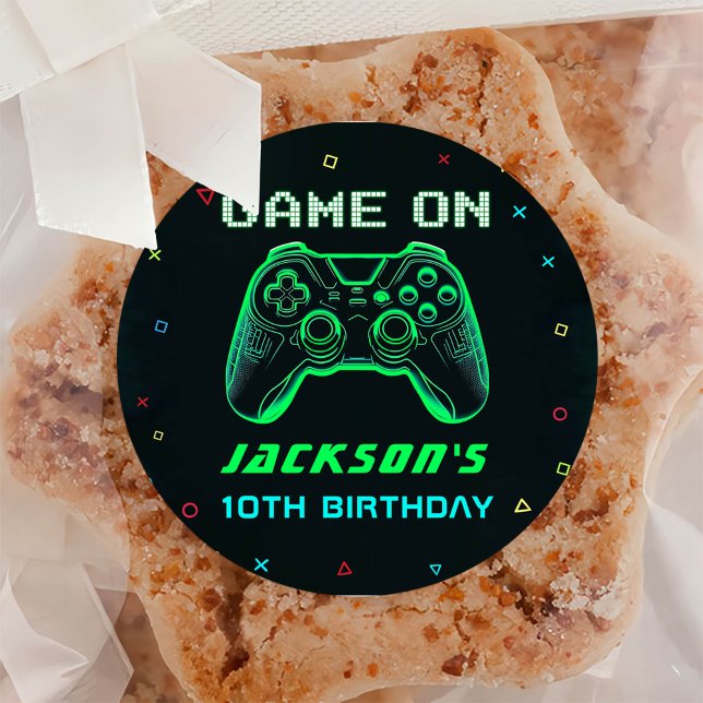 Sticker Rond Jeu Sur Neon Jeu Vidéo Anniversaire (Créateur téléchargé)