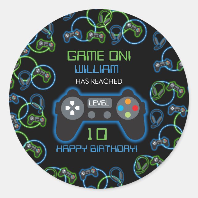 Sticker Rond Jeu vidéo Neon Blue & Green Anniversaire Party (Devant)