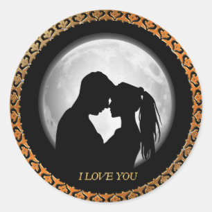 Sticker Rond Jeune couple noir silhouette s'embrasser