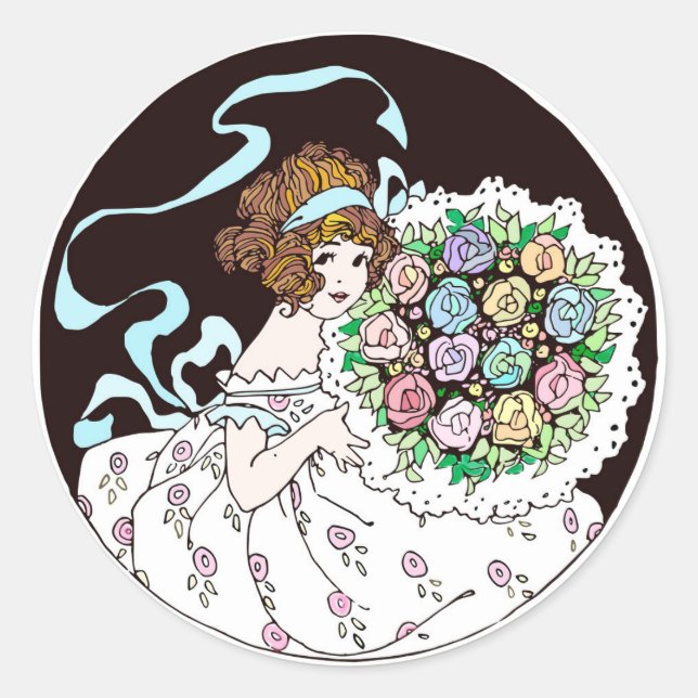Sticker Rond Jeune Fille aux Fleurs des Années 1920 Tenant un B (Devant)
