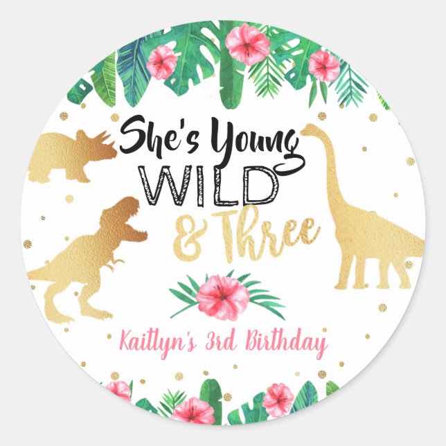 Sticker Rond Jeune Fille Sauvage & Trois Dinosaures Troisième a (Devant)
