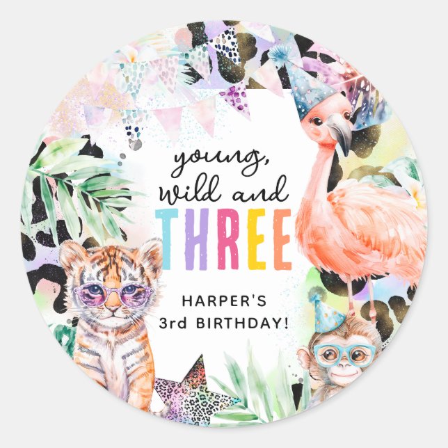 Sticker Rond Jeune, sauvage et trois animaux Safari 3e annivers (Devant)