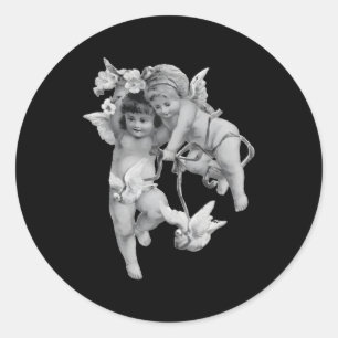 Sticker Rond Jeunes Cherubs Angéliques Jouant Avec Leur Colombe