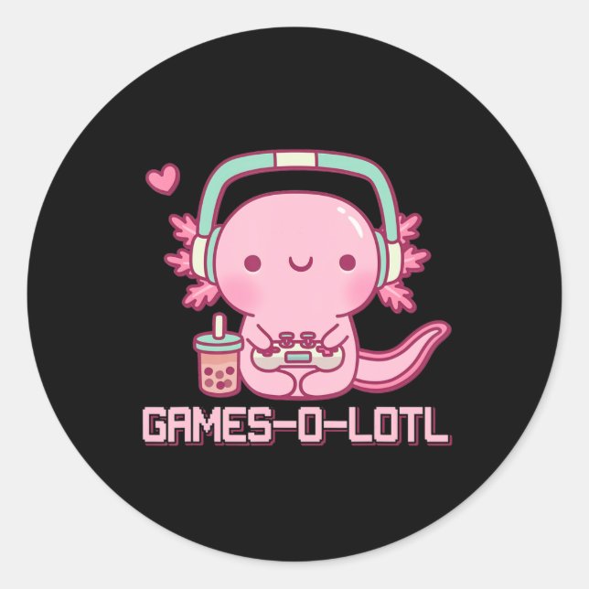 Sticker Rond Jeux vidéo Gamesolotl Axolotl Kawaii Anime Gamer (Devant)