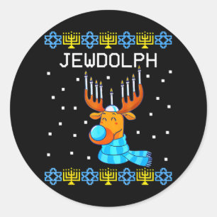 Sticker Rond Jewdolph Ugly Hanoukka Reindeer Menorah Chanukah