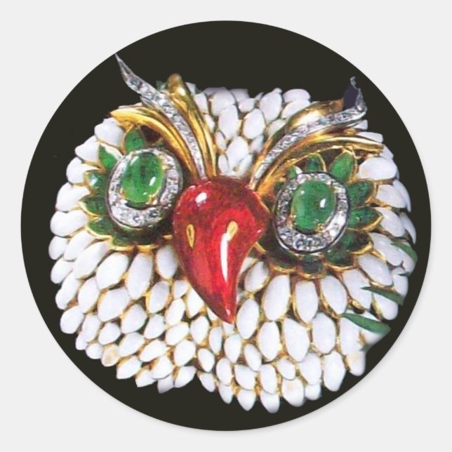 Sticker Rond JEWEL Hibou Or,Émeraude verte,opale (Devant)