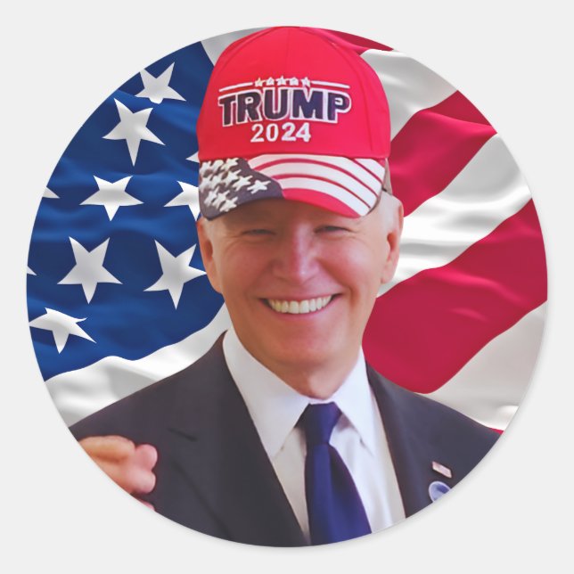 Sticker Rond Joe biden Portant un Casquette Trump (Devant)