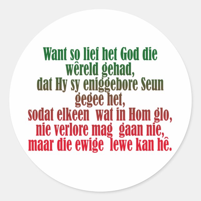 Sticker Rond John 3:16 Afrikaans (Devant)