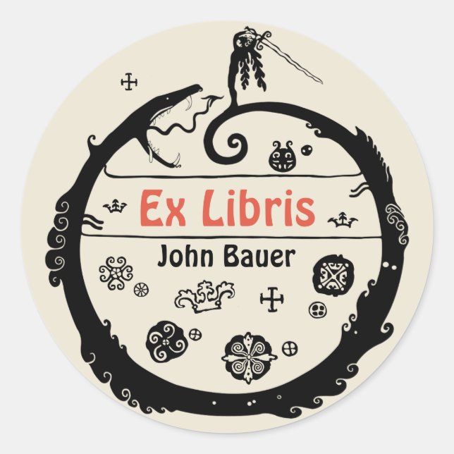 Sticker Rond John Bauer Dragon Curled Ex libris CC1032 (Devant)
