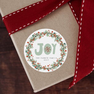 Sticker Rond Joie   Folioles rouges vertes Berries Noël