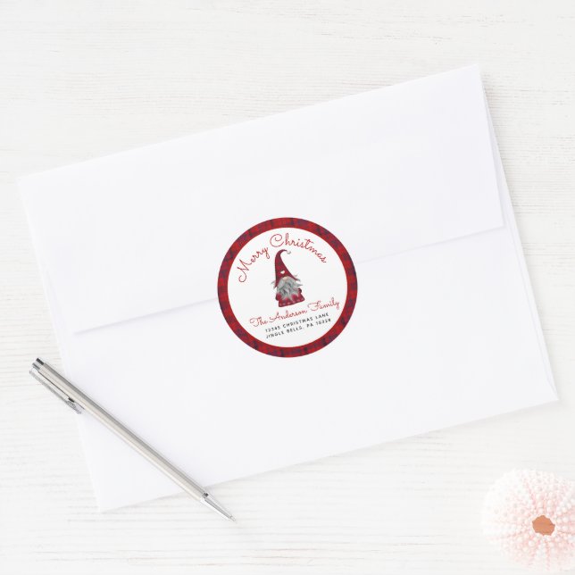 Sticker Rond Joie Joyeux Noël Plaid Gnome Retour Adresse La (Enveloppe)