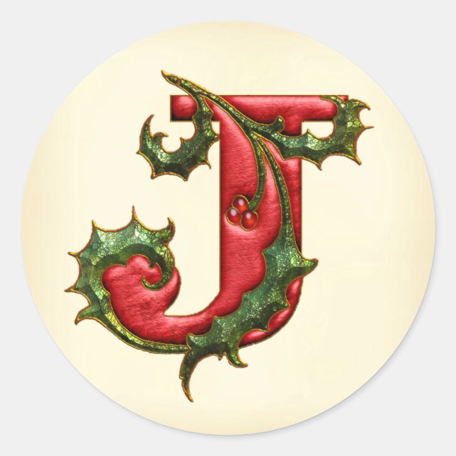 Sticker Rond Joints d'enveloppe du monogramme J de houx de Noël (Devant)