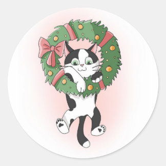 Sticker Rond Joli accrochage Cartoon de Noël Kitty