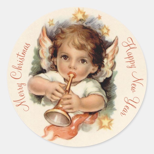 Sticker Rond Joli ange de Noël soufflant une trompette CC1030 (Devant)