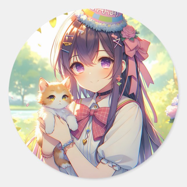 Sticker Rond Joli Anime Holding Kitten Girl'Anniversaire (Devant)