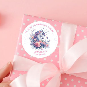 Sticker Rond Joli Anniversaire Fille Licorne Florale Rose Viole