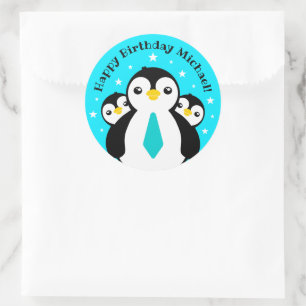 Sticker Rond Joli Anniversaire Garçon Pingouins Blue Neckties