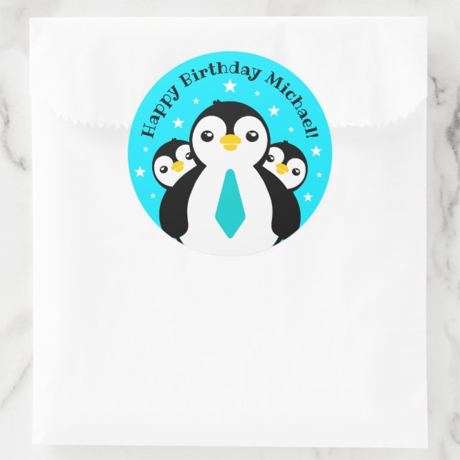 Sticker Rond Joli Anniversaire Garçon Pingouins Blue Neckties (Sac)