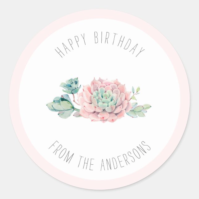 Sticker Rond Joli Anniversaire Rose Vert Succulents (Devant)