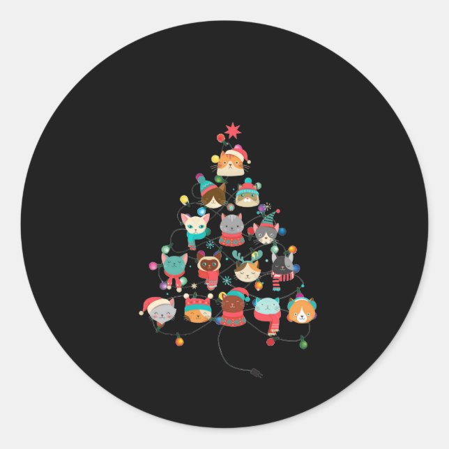 Sticker Rond Joli Arbre De Noël De Chat Couvert De Lampe De Fla (Devant)