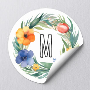 Sticker Rond Joli Artsy Aquarelle Fleurs colorées Monogramme