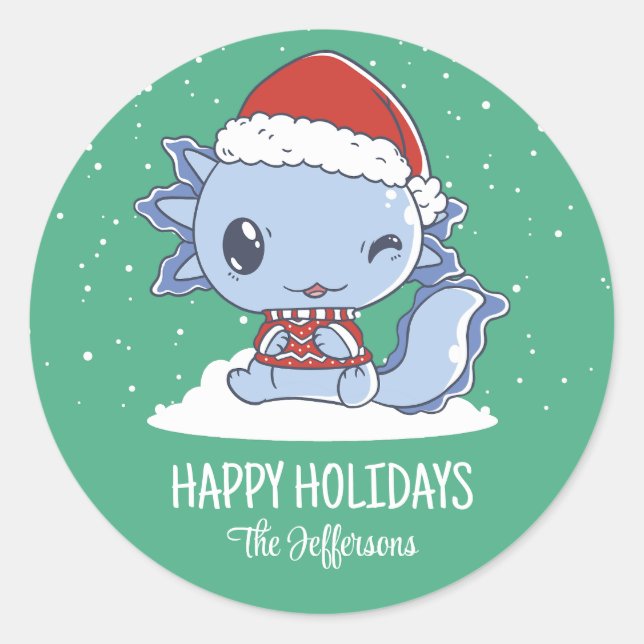 Sticker Rond Joli Axolotl Père Noël Noël Neige hiver (Devant)