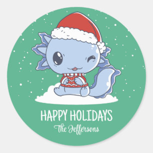 Sticker Rond Joli Axolotl Père Noël Noël Neige hiver