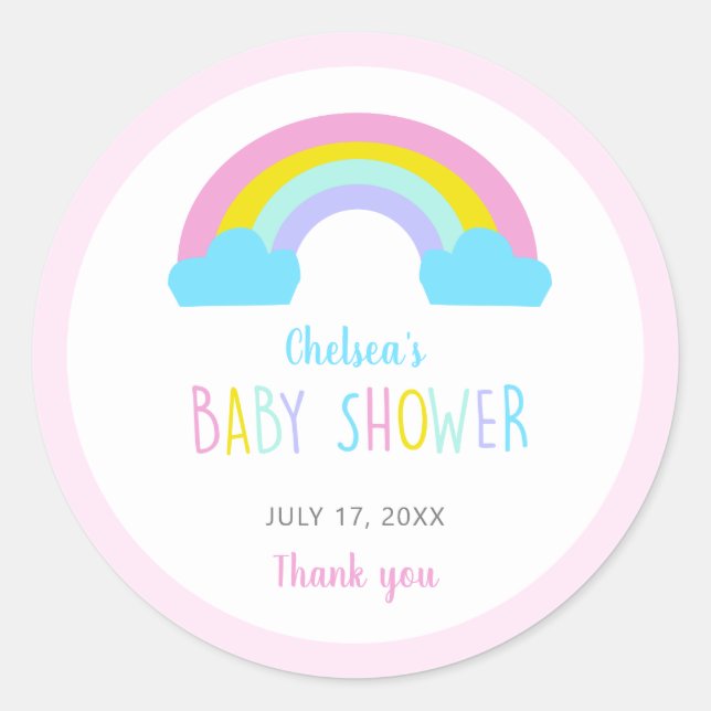 Sticker Rond Joli Baby shower arc-en-ciel Merci rose pastel (Devant)