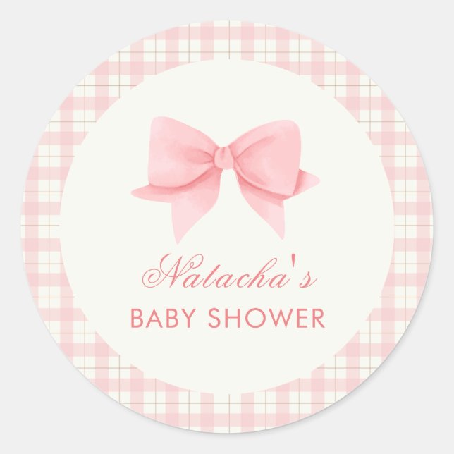 Sticker Rond Joli Baby shower de fille de garçon En vichy rose (Devant)
