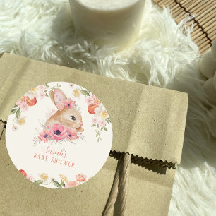 Sticker Rond Joli Baby shower de lapin à fleurs rose