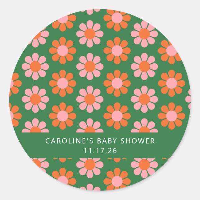 Sticker Rond Joli Baby shower Retro Fleurs Vert Rose Personnali (Devant)