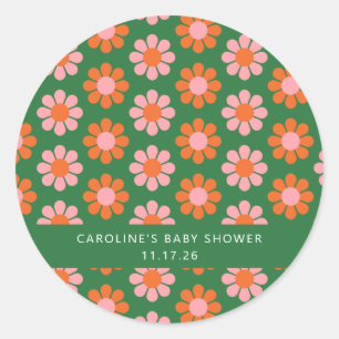 Sticker Rond Joli Baby shower Retro Fleurs Vert Rose Personnali