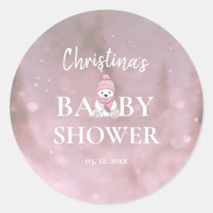 Sticker Rond Joli Baby shower rose Ours d'hiver