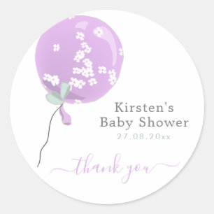 Sticker Rond Joli ballon floral violet - Remerciement pour Baby