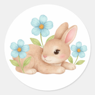 Sticker Rond Joli bébé lapin fleurs de lapin