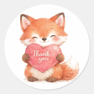 Sticker Rond Joli bébé renard roux aquarelle "Merci" cœur