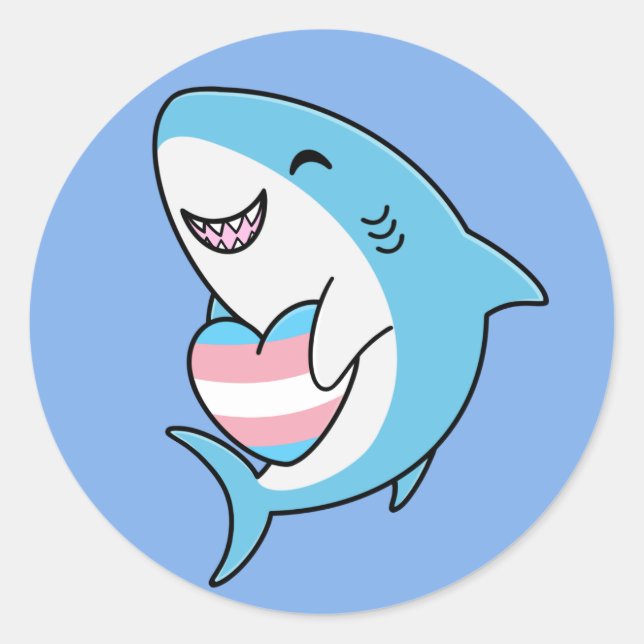 Sticker Rond Joli Blahaj bleu requin tenant Trans Coeur (Devant)