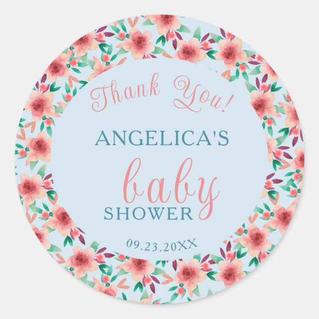 Sticker Rond Joli bleu rouge Aquarelle Boho Baby shower Floral (Devant)