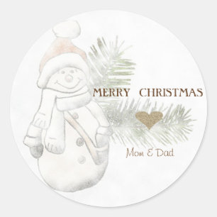 Sticker Rond Joli bonhomme de neige, chapeau de Père Noël, cœur