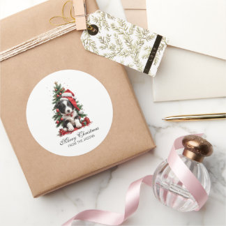 Sticker Rond Joli Bordure Collie Noël Chiot Personnalisé