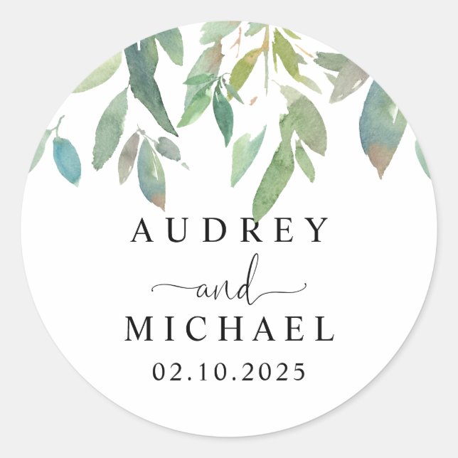Sticker Rond Joli Botanique Vert Sage Vert Couple Mariage (Devant)